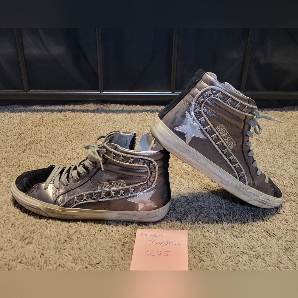 Golden Goose Metallic Silver Slides  Star Studs 39